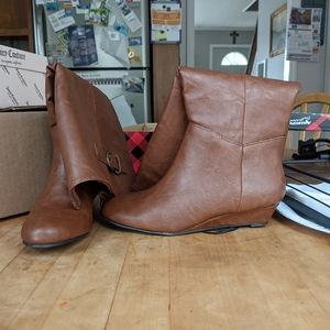 Brown Calf-length faux leather boots